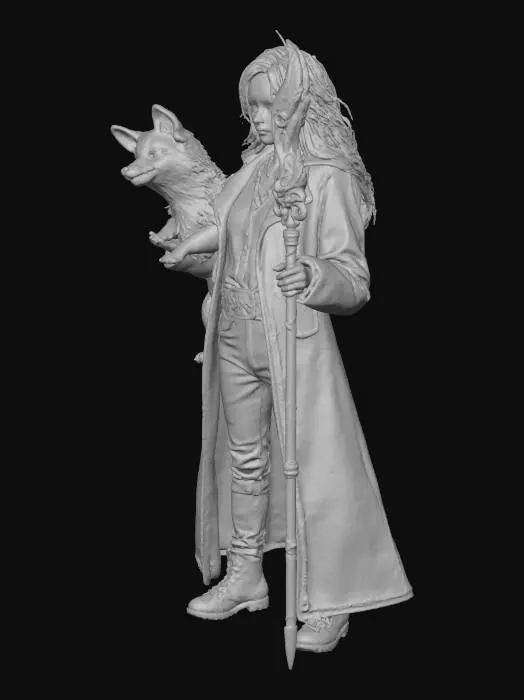 3D model for Une jeune magicienne au cheveux long avec une frange dans un look un peu rock avec son corgi a queue longue dans les bras et un sceptre magique épique, position de combat confiance et magie