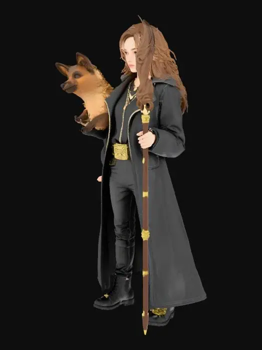 3D model for Une jeune magicienne au cheveux long avec une frange dans un look un peu rock avec son corgi a queue longue dans les bras et un sceptre magique épique, position de combat confiance et magie