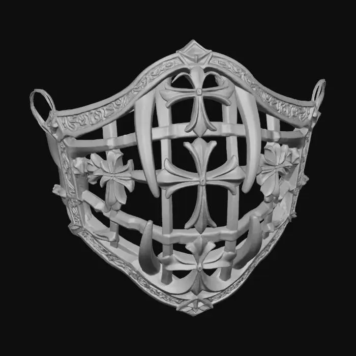 3D model for Create a 3D model of a vampiric exorcism muzzle. No head or face. The object is a standalone grille designed to cover the mouth area, shaped to follow a human jaw curve. Structure made of gothic metal bars forming crosses, fangs, or sigil-like patterns — elegant but intimidating. Texture mix of aged silver and bone, with smooth inner surface. Two side loops for elastic straps. Ornamental yet functional, symmetrical, lightweight, printable in one piece, evoking holy restraint and dark ritual energy.