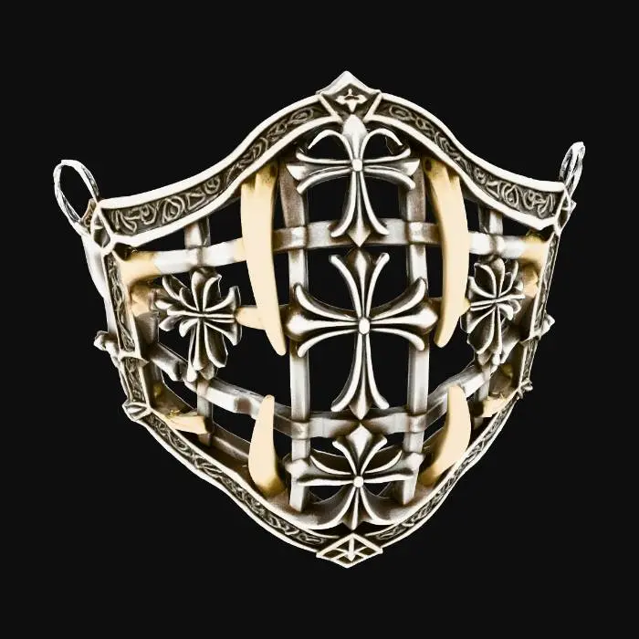 3D model for Create a 3D model of a vampiric exorcism muzzle. No head or face. The object is a standalone grille designed to cover the mouth area, shaped to follow a human jaw curve. Structure made of gothic metal bars forming crosses, fangs, or sigil-like patterns — elegant but intimidating. Texture mix of aged silver and bone, with smooth inner surface. Two side loops for elastic straps. Ornamental yet functional, symmetrical, lightweight, printable in one piece, evoking holy restraint and dark ritual energy.