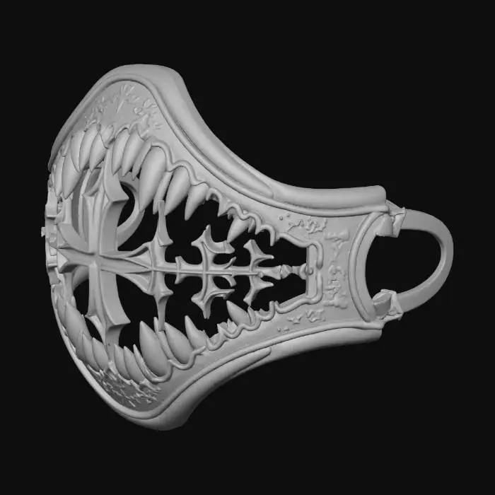 3D model for Create a 3D model of a vampiric exorcism muzzle. No head or face. The object is a standalone grille designed to cover the mouth area, shaped to follow a human jaw curve. Structure made of gothic metal bars forming crosses, fangs, or sigil-like patterns — elegant but intimidating. Texture mix of aged silver and bone, with smooth inner surface. Two side loops for elastic straps. Ornamental yet functional, symmetrical, lightweight, printable in one piece, evoking holy restraint and dark ritual energy.