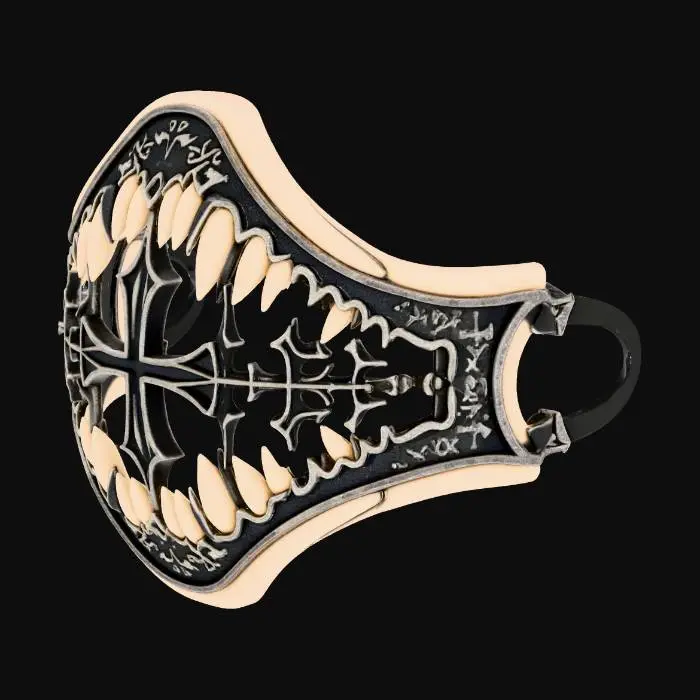 3D model for Create a 3D model of a vampiric exorcism muzzle. No head or face. The object is a standalone grille designed to cover the mouth area, shaped to follow a human jaw curve. Structure made of gothic metal bars forming crosses, fangs, or sigil-like patterns — elegant but intimidating. Texture mix of aged silver and bone, with smooth inner surface. Two side loops for elastic straps. Ornamental yet functional, symmetrical, lightweight, printable in one piece, evoking holy restraint and dark ritual energy.