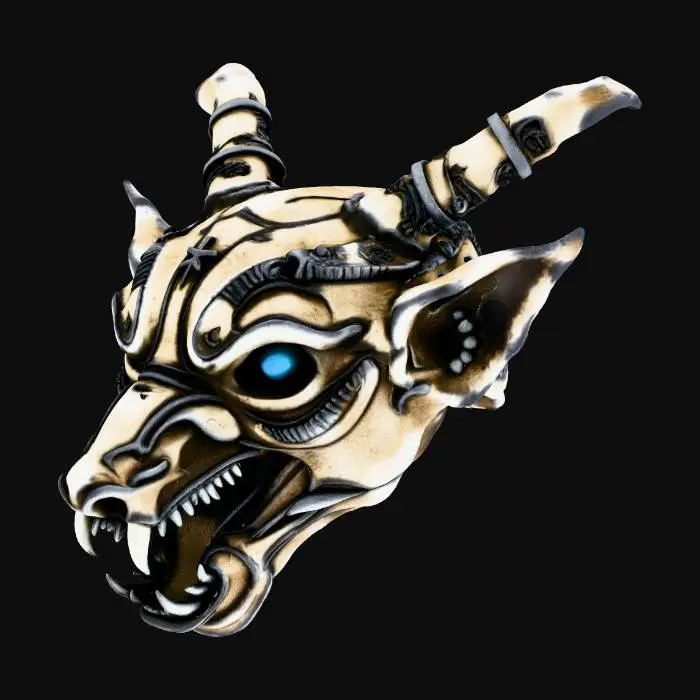 3D model for Create a 3D model of a vampiric exorcism muzzle. No head or face. The object is a standalone grille designed to cover the mouth area, shaped to follow a human jaw curve. Structure made of gothic metal bars forming crosses, fangs, or sigil-like patterns — elegant but intimidating. Texture mix of aged silver and bone, with smooth inner surface. Two side loops for elastic straps. Ornamental yet functional, symmetrical, lightweight, printable in one piece, evoking holy restraint and dark ritual energy.
, #Halloween2025#