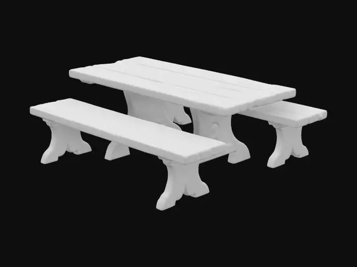 3D model for simple wooden table with benches. Sturdy design, slightly curved legs, natural wood texture, and subtle elven carvings. Fantasy aesthetic, high-poly, game-ready