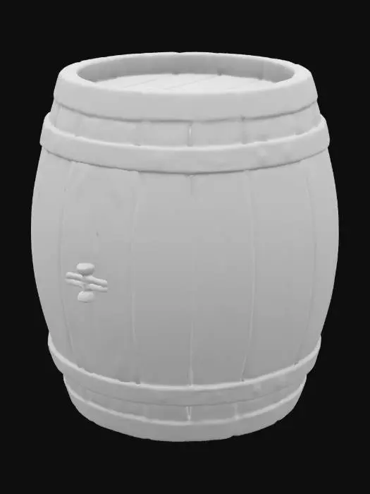3D model for wooden beer keg. Sturdy, slightly aged wood with metal bands. Classic barrel shape with a small tap on the front. Rustic, medieval-fantasy style. High-poly, game-ready