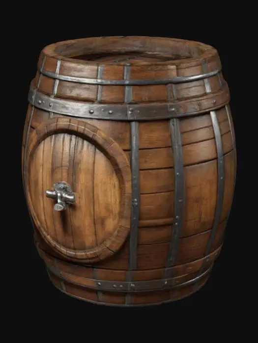 3D model for wooden beer keg. Sturdy, slightly aged wood with metal bands. Classic barrel shape with a small tap on the front. Rustic, medieval-fantasy style. High-poly, game-ready