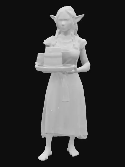 3D model for female elf waitress carrying a tray with wooden mugs. Slender, pointed ears, poised stance. Wearing rustic village-style clothing: a simple linen dress with an apron, earthy tones, and a tied waist. Long, wavy or braided hair. Holding a wooden tray with multiple frothy beer mugs. Friendly expression, light movement in pose. Fantasy aesthetic, high-poly, game-ready