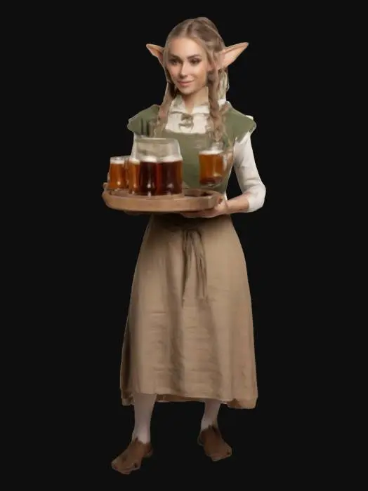 3D model for female elf waitress carrying a tray with wooden mugs. Slender, pointed ears, poised stance. Wearing rustic village-style clothing: a simple linen dress with an apron, earthy tones, and a tied waist. Long, wavy or braided hair. Holding a wooden tray with multiple frothy beer mugs. Friendly expression, light movement in pose. Fantasy aesthetic, high-poly, game-ready