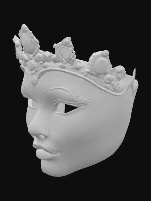 3D model for Uma máscara elaborada e festiva, modelada para um rosto, com uma seção superior que lembra uma coroa. A superfície principal da máscara é de um tom vibrante de fúcsia/magenta com uma textura intrincada que se assemelha a escamas ou um padrão craquelado. Uma coroa roxa e dourada, adornada com glitter e grandes joias facetadas em tons de azul, rosa e transparente, domina a parte superior. A porção inferior revela um nariz e lábios esculpidos com um batom rosa brilhante.