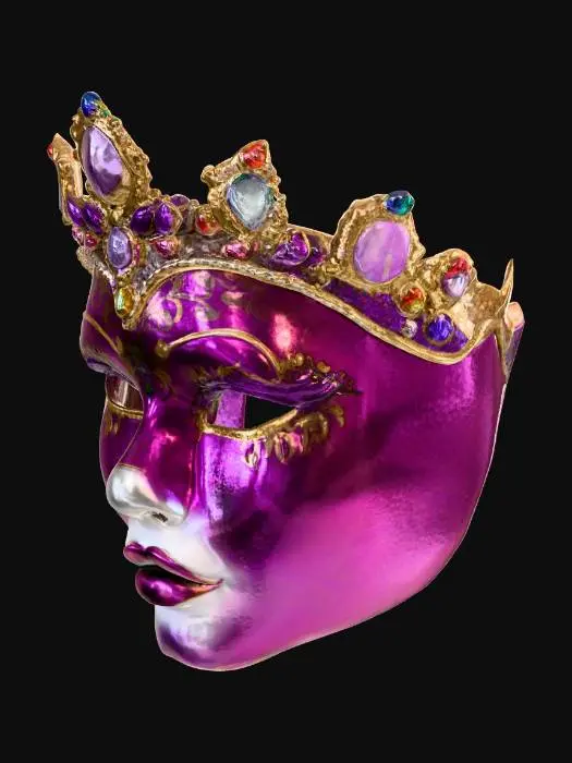 3D model for Uma máscara elaborada e festiva, modelada para um rosto, com uma seção superior que lembra uma coroa. A superfície principal da máscara é de um tom vibrante de fúcsia/magenta com uma textura intrincada que se assemelha a escamas ou um padrão craquelado. Uma coroa roxa e dourada, adornada com glitter e grandes joias facetadas em tons de azul, rosa e transparente, domina a parte superior. A porção inferior revela um nariz e lábios esculpidos com um batom rosa brilhante.