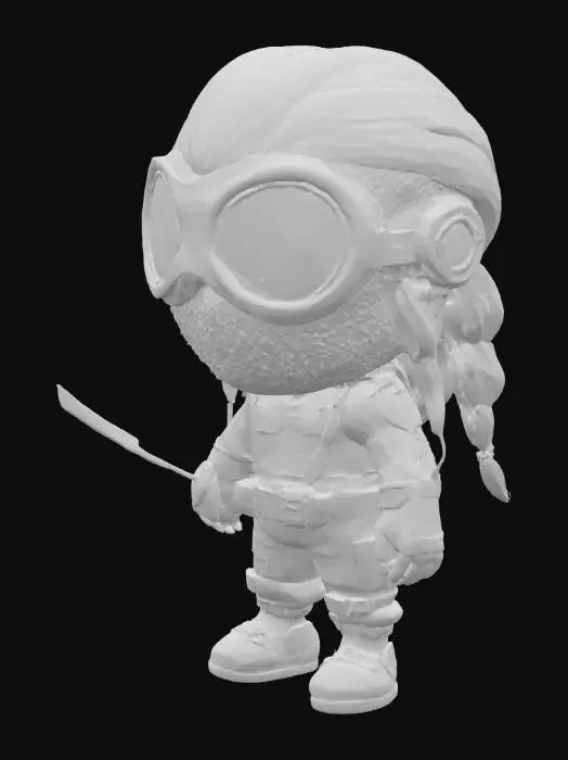 3D model for Space explorer mesh mask for children with metallic, The object is a stylized figurine Michone themed movie TWD with a large head, detailed braided hair, holding a sword, with a smooth texture and cartoonish features.