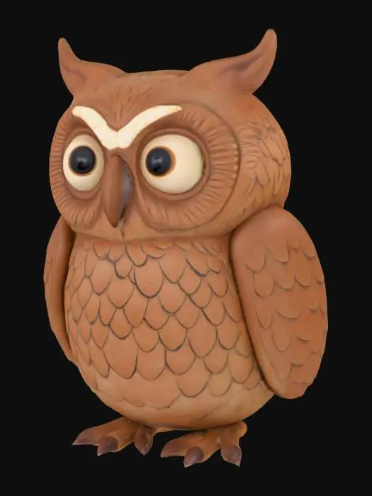 3D model for A quirky clay owl character. Its body is rounded and plump, with large, prominent eyes that are slightly recessed for a natural look. The clay has a shiny and smooth finish.