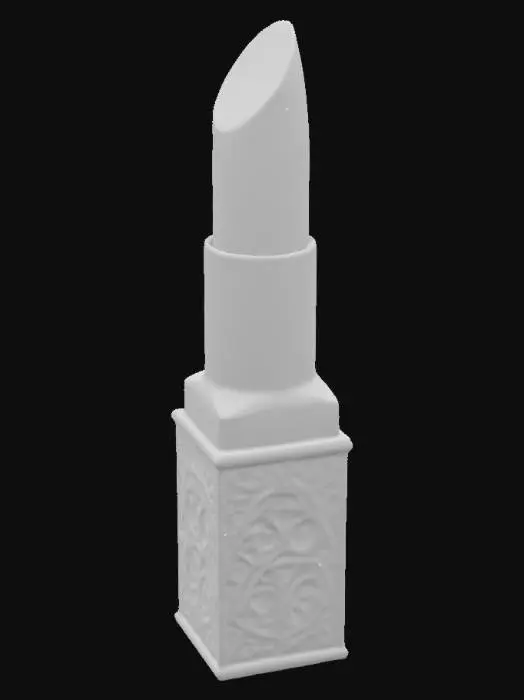 3D model for An ornate vintage-inspired lipstick boasts a slender, gilded metal case intricately embossed with delicate floral patterns, giving it a tactile, slightly raised texture. The antique gold finish has a warm, aged patina. Its decorative cap twists off to reveal a rich, deep crimson lipstick bullet, appearing somewhat softer and glossier than modern formulations, with a subtle, pearlescent shimmer. The overall form feels luxurious and substantial in the hand, reminiscent of a treasured artifact.