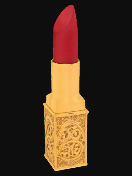 3D model for An ornate vintage-inspired lipstick boasts a slender, gilded metal case intricately embossed with delicate floral patterns, giving it a tactile, slightly raised texture. The antique gold finish has a warm, aged patina. Its decorative cap twists off to reveal a rich, deep crimson lipstick bullet, appearing somewhat softer and glossier than modern formulations, with a subtle, pearlescent shimmer. The overall form feels luxurious and substantial in the hand, reminiscent of a treasured artifact.