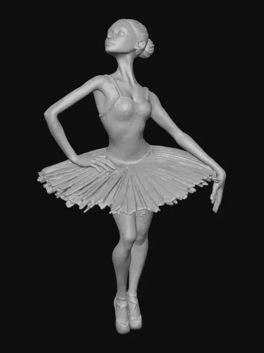 3D model for A captivating abstract ballerina sculpture, crafted from two-toned metal. The elongated figure, arms raised gracefully, features a warm, brushed bronze for the limbs and head, contrasting with a dark, textured gunmetal bodice and a radially pleated, stiff tutu skirt. Its surface displays subtle variations and highlights, suggesting a hand-finished, aged metallic texture, standing elegantly en pointe.