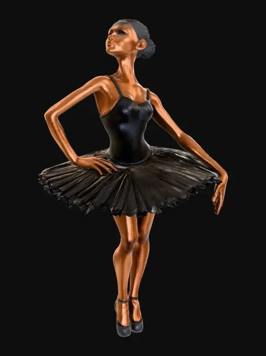 3D model for A captivating abstract ballerina sculpture, crafted from two-toned metal. The elongated figure, arms raised gracefully, features a warm, brushed bronze for the limbs and head, contrasting with a dark, textured gunmetal bodice and a radially pleated, stiff tutu skirt. Its surface displays subtle variations and highlights, suggesting a hand-finished, aged metallic texture, standing elegantly en pointe.