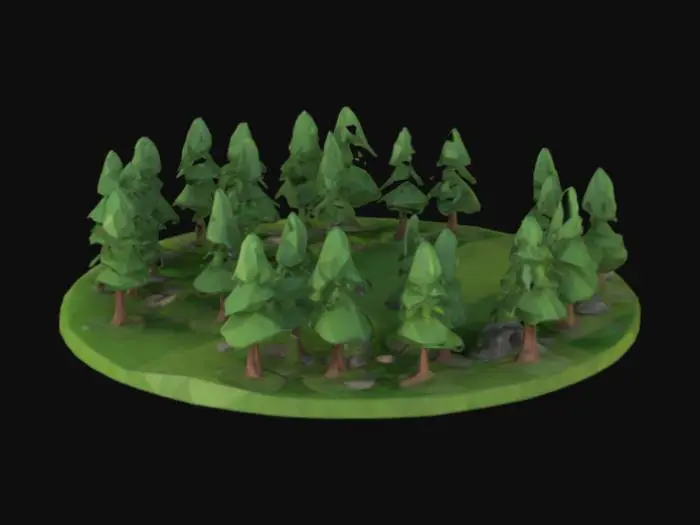 3D model for A serene low-poly forest with a mix of geometric trees, bushes, and rocks in a minimalist, polygonal style. The trees vary in height and shape, with sharp, angular leaves and trunks. The landscape includes rolling hills, a winding river, and scattered logs or mushrooms for detail. Designed for 3D printing with clean edges, minimal overhangs, and a solid base for stability. Suitable for FDM and resin printing, ensuring smooth slicing and easy printability