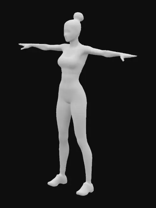3D model for a young adult female in tight jogging clothes, standing in T-Pose, her blue hair tied to a bun. Seamless and high quality textures for a 4k game asset.