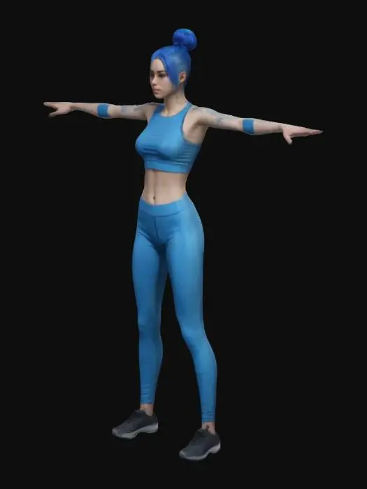 3D model for a young adult female in tight jogging clothes, standing in T-Pose, her blue hair tied to a bun. Seamless and high quality textures for a 4k game asset.