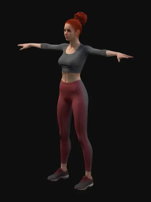 3D model for a young adult female in tight jogging clothes, standing in T-Pose, her red hair tied to a bun. Seamless and high quality textures for a 4k game asset.