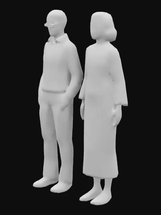 3D model for Adult man and woman in their 60s standing together in a low-poly 3D art style, dressed in authentic 1970s fashion. Simplified geometric shapes with clean edges, flat shading, and minimal texture detail. Each person wears iconic 70s outfits: bell-bottom jeans, wide-collared shirts, turtlenecks, vests, patterned dresses, knee-high boots, and leather jackets. The color palette is warm and vibrant, featuring earthy tones, oranges, yellows, and browns. Low poly
