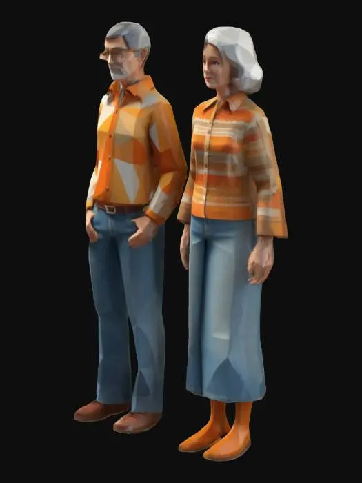 3D model for Adult man and woman in their 60s standing together in a low-poly 3D art style, dressed in authentic 1970s fashion. Simplified geometric shapes with clean edges, flat shading, and minimal texture detail. Each person wears iconic 70s outfits: bell-bottom jeans, wide-collared shirts, turtlenecks, vests, patterned dresses, knee-high boots, and leather jackets. The color palette is warm and vibrant, featuring earthy tones, oranges, yellows, and browns. Low poly
