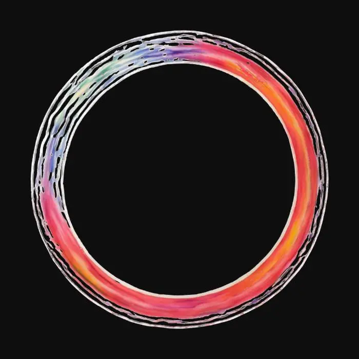 3D model for The Object: a Japanese Ensō (circle bush stroke)
Material: it's made of Watercolor (flowing on textured paper)
Colors:  rainbow colors, melting into each other with the stroke of the brush.
The brush stroke is alive as it is continuously flowing like watercolor does on paper when it is freshly painted.
The polygons are all connected to 7 main colors and every change is just different saturation and grayscale of a main color so that I can easily change the colors completely by only needing to change the 7 main colors.

On hover and movement of the courser the watercolor flows more wildly away from the courser and spreads even outside the original brush stroke but comes back to its original shape after the courser is gone.