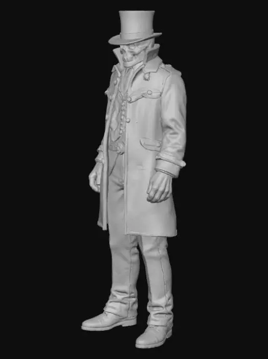 3D model for A mysterious Victorian-era fantasy character standing in an A-pose for rigging and animation. The character wears a long dark brown trench coat with detailed stitching and brass buttons, slightly weathered from travel. A black top hat adorned with a thin gothic-style chain and small metallic emblem. The face is completely hidden behind a full metal mask with smooth, ominous contours and faint engravings. He wears black leather gloves, dark trousers, and polished black boots. Subtle layers of belts and pouches hang from the coat, suggesting a secretive profession. Realistic lighting, high-detail textures for leather, fabric, and metal, cinematic gothic atmosphere, game-ready model.