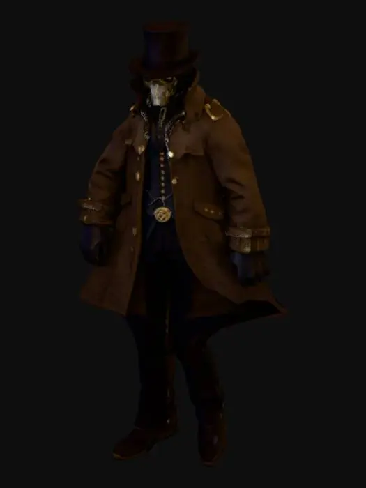 3D model for A mysterious Victorian-era fantasy character standing in an A-pose for rigging and animation. The character wears a long dark brown trench coat with detailed stitching and brass buttons, slightly weathered from travel. A black top hat adorned with a thin gothic-style chain and small metallic emblem. The face is completely hidden behind a full metal mask with smooth, ominous contours and faint engravings. He wears black leather gloves, dark trousers, and polished black boots. Subtle layers of belts and pouches hang from the coat, suggesting a secretive profession. Realistic lighting, high-detail textures for leather, fabric, and metal, cinematic gothic atmosphere, game-ready model.