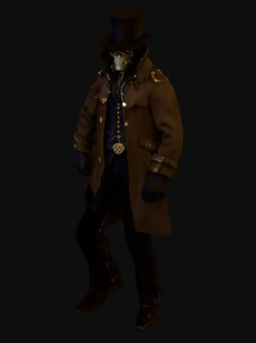 3D model for A mysterious Victorian-era fantasy character standing in an A-pose for rigging and animation. The character wears a long dark brown trench coat with detailed stitching and brass buttons, slightly weathered from travel. A black top hat adorned with a thin gothic-style chain and small metallic emblem. The face is completely hidden behind a full metal mask with smooth, ominous contours and faint engravings. He wears black leather gloves, dark trousers, and polished black boots. Subtle layers of belts and pouches hang from the coat, suggesting a secretive profession. Realistic lighting, high-detail textures for leather, fabric, and metal, cinematic gothic atmosphere, game-ready model.