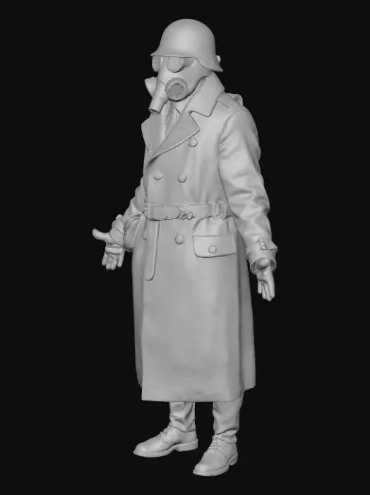 3D model for A dark fantasy World War I-era trench soldier standing in a neutral A-pose for rigging and animation. The character wears a long black trench coat with subtle red line accents along the seams and cuffs, made of heavy weathered fabric. A worn, rigged WW1 German Stahlhelm helmet sits on his head, partially covering a full-faced gas mask that looks aged, scratched, and slightly corroded from battle. The mask has round lenses with faint cracks and a breathing tube attachment. He wears black leather gloves, reinforced dark trousers, and tall black combat boots covered with dirt and mud. Belts and pouches are strapped across the coat for ammunition and gear. Realistic metal, fabric, and leather textures, cinematic lighting, game-ready topology, designed for dark sci-fi fantasy world.