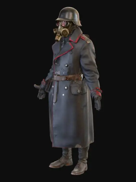 3D model for A dark fantasy World War I-era trench soldier standing in a neutral A-pose for rigging and animation. The character wears a long black trench coat with subtle red line accents along the seams and cuffs, made of heavy weathered fabric. A worn, rigged WW1 German Stahlhelm helmet sits on his head, partially covering a full-faced gas mask that looks aged, scratched, and slightly corroded from battle. The mask has round lenses with faint cracks and a breathing tube attachment. He wears black leather gloves, reinforced dark trousers, and tall black combat boots covered with dirt and mud. Belts and pouches are strapped across the coat for ammunition and gear. Realistic metal, fabric, and leather textures, cinematic lighting, game-ready topology, designed for dark sci-fi fantasy world.