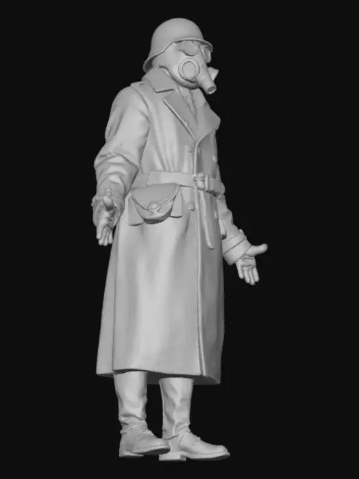 3D model for A dark fantasy World War I-era trench soldier standing in a neutral A-pose for rigging and animation. The character wears a long black trench coat with subtle red line accents along the seams and cuffs, made of heavy weathered fabric. A worn, rigged WW1 German Stahlhelm helmet sits on his head, partially covering a full-faced gas mask that looks aged, scratched, and slightly corroded from battle. The mask has round lenses with faint cracks and a breathing tube attachment. He wears black leather gloves, reinforced dark trousers, and tall black combat boots covered with dirt and mud. Belts and pouches are strapped across the coat for ammunition and gear. Realistic metal, fabric, and leather textures, cinematic lighting, game-ready topology, designed for dark sci-fi fantasy world.