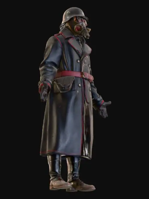 3D model for A dark fantasy World War I-era trench soldier standing in a neutral A-pose for rigging and animation. The character wears a long black trench coat with subtle red line accents along the seams and cuffs, made of heavy weathered fabric. A worn, rigged WW1 German Stahlhelm helmet sits on his head, partially covering a full-faced gas mask that looks aged, scratched, and slightly corroded from battle. The mask has round lenses with faint cracks and a breathing tube attachment. He wears black leather gloves, reinforced dark trousers, and tall black combat boots covered with dirt and mud. Belts and pouches are strapped across the coat for ammunition and gear. Realistic metal, fabric, and leather textures, cinematic lighting, game-ready topology, designed for dark sci-fi fantasy world.