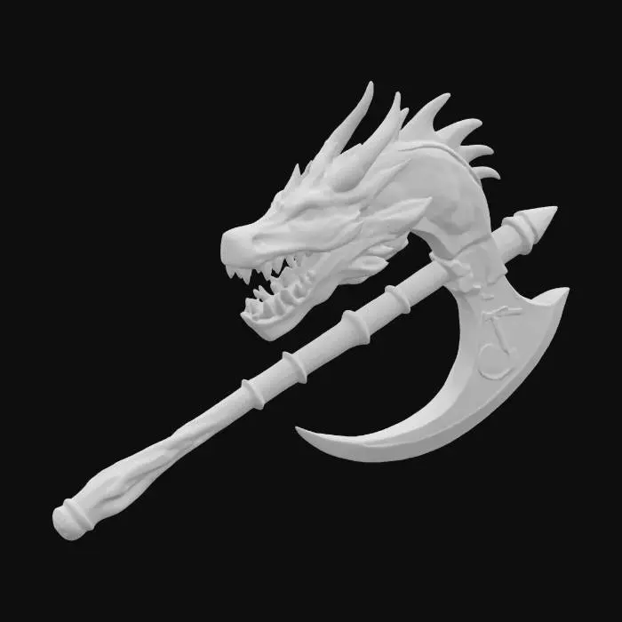 3D model for Um grande machado de duas mãos, com simbolos runicos energicos e brilhantes e em formato de uma cabeça de dragão, sinalizando um grande poder.