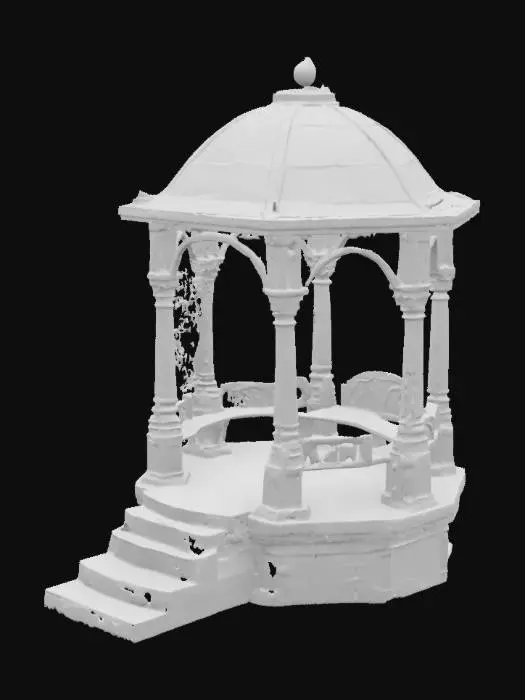 3D model for Un gazebo in pietra, con tetto a volta e tre panche in pietra. il gazebo è leggermente soprelevato e ci sono tre scalini per entrarci. I lati del gazebo e il tetto sono decorati con un rampicante con degli strani fiori violetti.