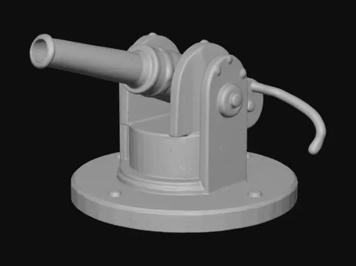 3D model for Un mortier d'artillerie avec un tuyau souple à l'arrière qui fonctionne à air comprimé. Monté sur un socle rond sans roue avec un engrenage, autre engrenange sous le canon pour régler l'angle