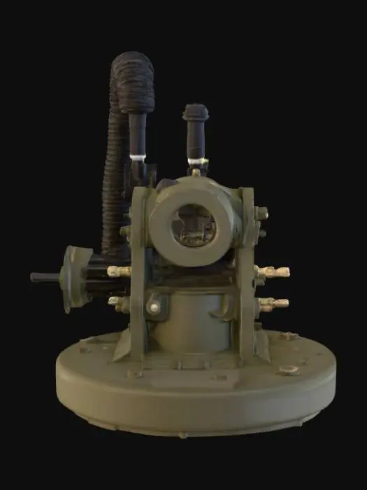 3D model for Un mortier d'artillerie avec un tuyau souple à l'arrière qui fonctionne à air comprimé. Monté sur un socle rond sans roue avec un engrenage, autre engrenange sous le canon pour régler l'angle