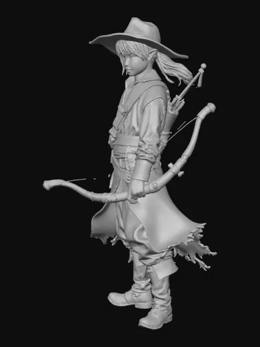 3D model for Dungeons & Dragons character illustration: a young Lightfoot Halfling rogue with a charlatan background. An androgynous face with delicate features, honey-colored eyes, and dark brown shoulder-length hair tied in a ponytail. Wearing subdued traveler’s clothing and a wide-brimmed hat. A rapier at the side, bow on the back, and two daggers on the belt. A faint scar near the eye and a sly, confident smile. Standing in the shadows, alert and ready. Semi-realistic fantasy art style, D&D character portrait, soft ambient light.