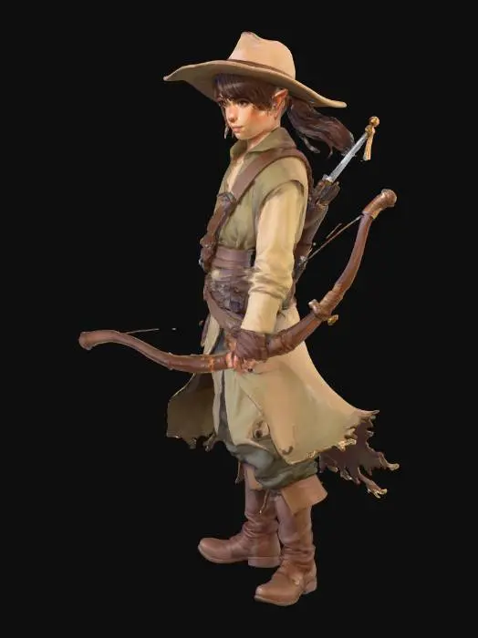 3D model for Dungeons & Dragons character illustration: a young Lightfoot Halfling rogue with a charlatan background. An androgynous face with delicate features, honey-colored eyes, and dark brown shoulder-length hair tied in a ponytail. Wearing subdued traveler’s clothing and a wide-brimmed hat. A rapier at the side, bow on the back, and two daggers on the belt. A faint scar near the eye and a sly, confident smile. Standing in the shadows, alert and ready. Semi-realistic fantasy art style, D&D character portrait, soft ambient light.