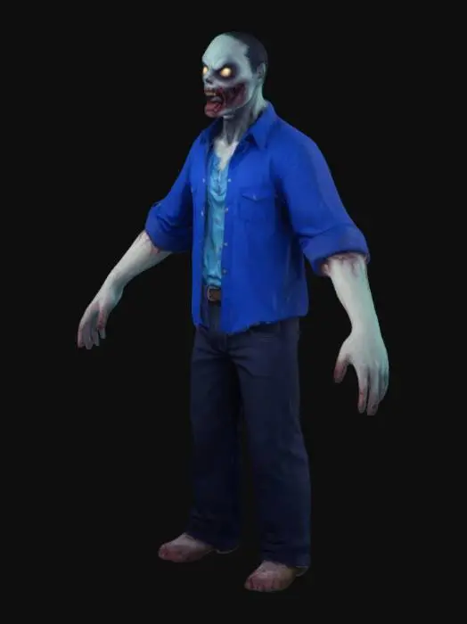 3D model for League of Legends, Organic, A-pose, Symmetrical Body, Zombie, Black Eyes, Blue shirt, dark blue pants, opened mouth