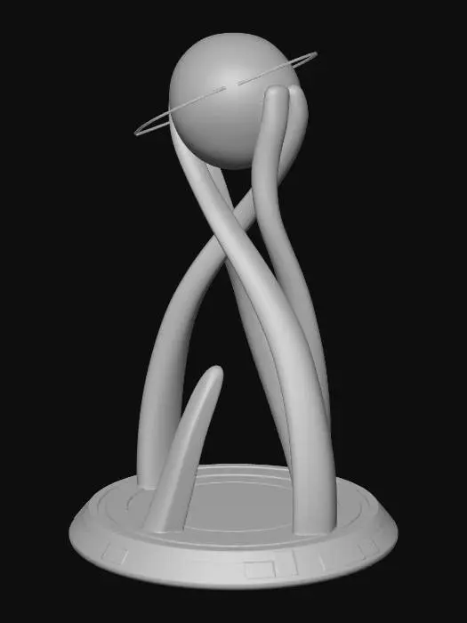 3D model for A sleek, modern monument commemorating Meshy's 3rd Anniversary. It features three interconnected, polished chrome pillars, each subtly arcing upwards and converging at a glowing, transparent crystal sphere at its apex. The smooth, cool metal surfaces reflect light sharply, while the sphere emanates a soft, pulsating blue light, signifying innovation and three years of growth.