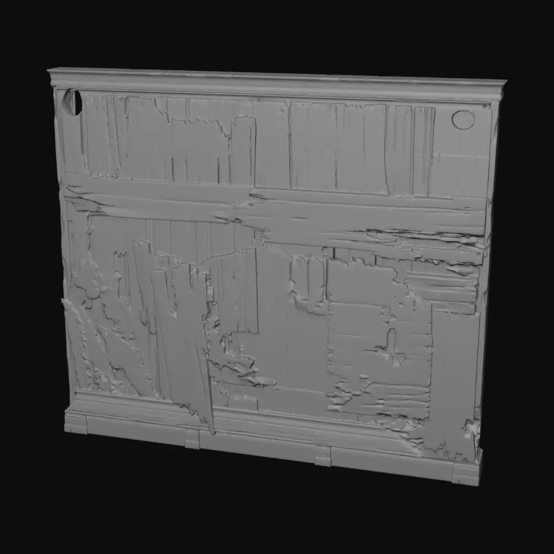 3D model for A warped and rotten wooden wall inside a haunted house, constructed from dark, splintered planks of oak. The wood is discolored with large patches of black mold and water damage, creating a rough, uneven texture. Some planks are missing or loosely hanging, exposing shadowy gaps, and the overall structure feels unstable and creaky, radiating an eerie, unsettling atmosphere.