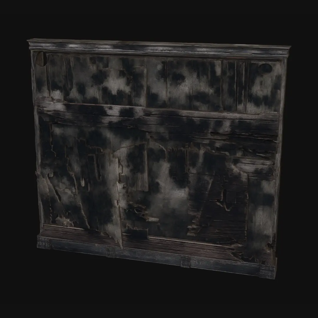 3D model for A warped and rotten wooden wall inside a haunted house, constructed from dark, splintered planks of oak. The wood is discolored with large patches of black mold and water damage, creating a rough, uneven texture. Some planks are missing or loosely hanging, exposing shadowy gaps, and the overall structure feels unstable and creaky, radiating an eerie, unsettling atmosphere.