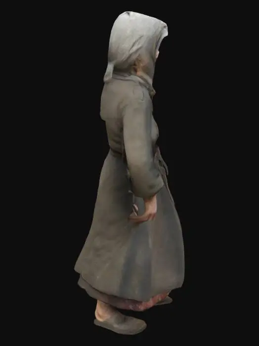3D model for Create a highly detailed 3D character model of an elderly woman in her late 70s, inspired by Balkan rural traditions and the communist era. She has a hunched posture and weathered, wrinkled skin that reflects a life of hardship. Her facial expression should be serious, with a hint of concern, as though she carries the weight of past tragedies.