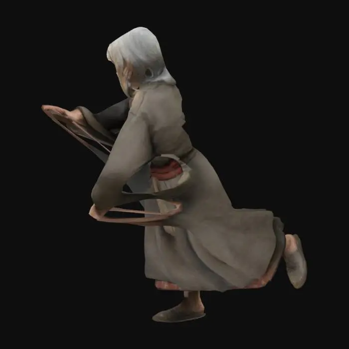 3D model for Create a highly detailed 3D character model of an elderly woman in her late 70s, inspired by Balkan rural traditions and the communist era. She has a hunched posture and weathered, wrinkled skin that reflects a life of hardship. Her facial expression should be serious, with a hint of concern, as though she carries the weight of past tragedies.