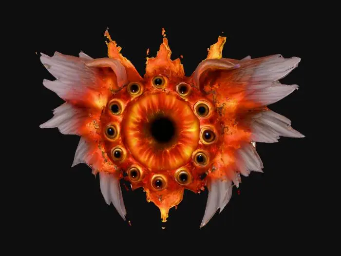 3D model for Огромный глаз , вокруг которого 3 кольца с глазами, а на спине 6 крыльев. Огненный серафим. Божье пламя