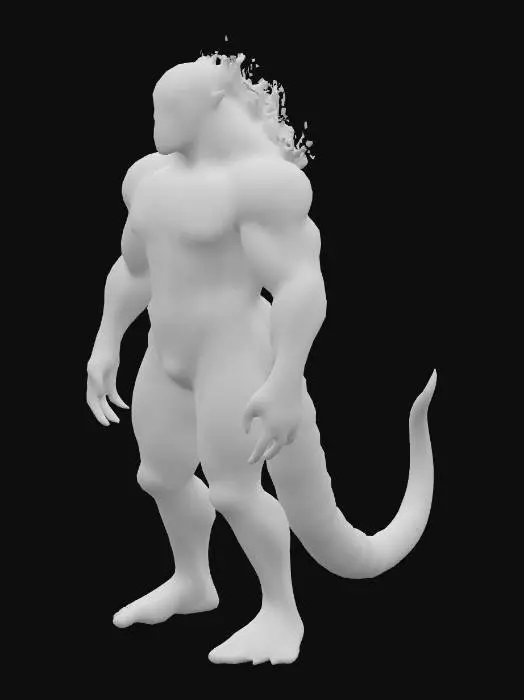 3D model for Кайдзю. Монстр, похожий на человека. Текстура кожи: будто пепел. Между пепельными разрезами течет бирюзовая светящаяся энергия. 