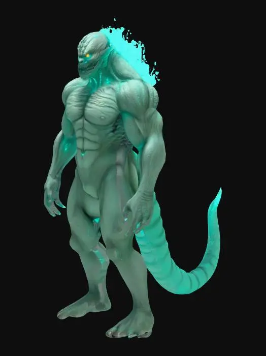 3D model for Кайдзю. Монстр, похожий на человека. Текстура кожи: будто пепел. Между пепельными разрезами течет бирюзовая светящаяся энергия. 