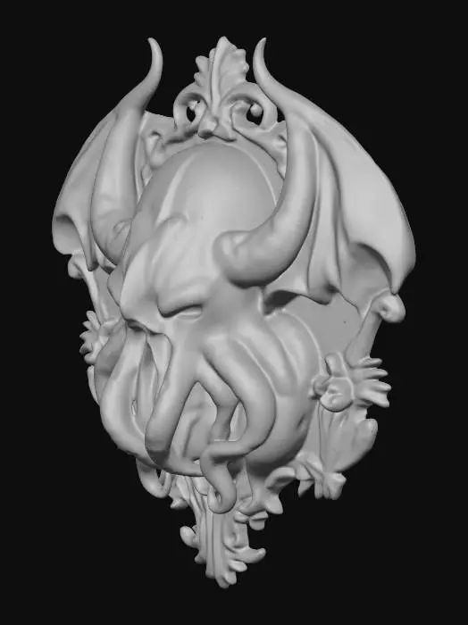 3D model for Generate a Cthulhu bust plaque. with one head and wings facing forward. Being a plaque the back would be flat. Place on a ornate plaque with the wings and tentacles protruding past the plaque